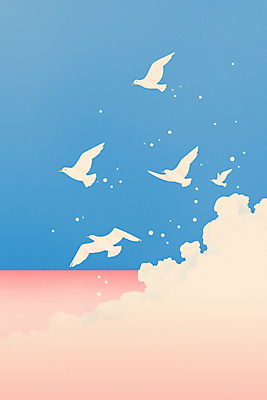 JPG 구름 분홍색 일러스트 조류 하늘 사람없음 파란색 평화 꿈 자유 비행 국내일러스트 AI일러스트 AI콘텐츠 자연요소 동물 컬러 컨셉 파일형식