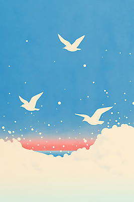 JPG 구름 분홍색 일러스트 조류 하늘 사람없음 파란색 평화 자유 비행 국내일러스트 AI일러스트 AI콘텐츠 자연요소 동물 컬러 컨셉 파일형식