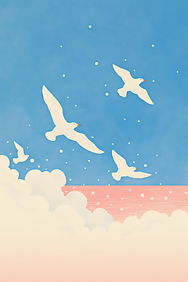 JPG 구름 분홍색 일러스트 조류 하늘 사람없음 파란색 평화 꿈 자유 비행 국내일러스트 AI일러스트 AI콘텐츠 자연요소 동물 컬러 컨셉 파일형식