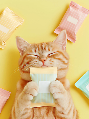 JPG 편집이미지 한마리 들기 사람없음 눕기 노란색 귀여움 눈감음 파우치 목업 반려묘 편집실사 AI포토 AI콘텐츠 1 컬러 컨셉 가방 모션 반려동물 고양이 CG 파일형식