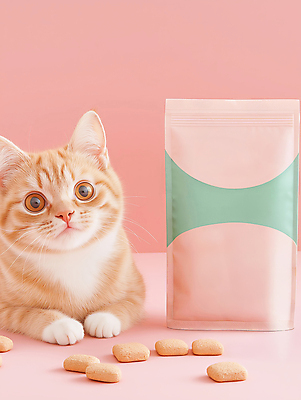 JPG 편집이미지 한마리 음식 분홍색 사람없음 귀여움 파우치 목업 반려묘 애묘간식 편집실사 AI포토 AI콘텐츠 1 컬러 컨셉 가방 반려동물 고양이 CG 파일형식