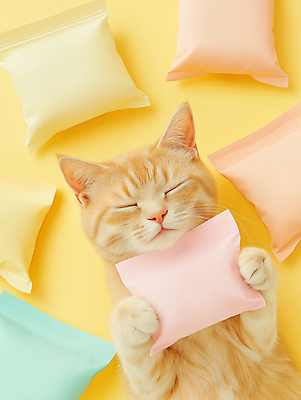 JPG 편집이미지 한마리 음식 안기 사람없음 노란색 귀여움 파스텔톤 파우치 목업 반려묘 편집실사 AI포토 AI콘텐츠 1 컬러 컨셉 가방 모션 반려동물 고양이 CG 파일형식