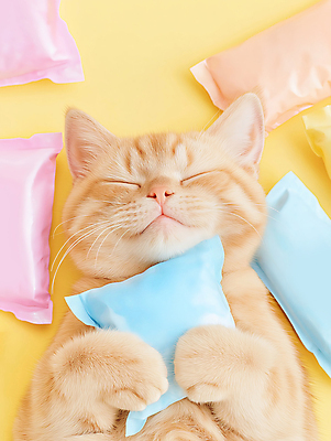 JPG 편집이미지 한마리 음식 안기 사람없음 노란색 귀여움 눈감음 파스텔톤 파우치 목업 반려묘 편집실사 AI포토 AI콘텐츠 1 컬러 컨셉 가방 모션 반려동물 고양이 CG 파일형식