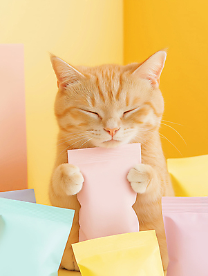 JPG 편집이미지 한마리 음식 사람없음 노란색 귀여움 눈감음 잡기 파우치 목업 반려묘 편집실사 AI포토 AI콘텐츠 1 컬러 컨셉 가방 모션 반려동물 고양이 CG 파일형식