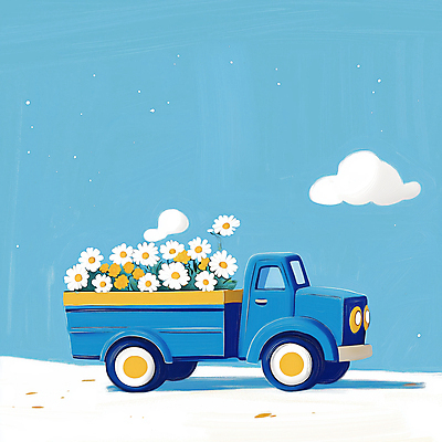 JPG 꽃 하늘색 일러스트 하늘 풍경 사람없음 야외 봄 트럭 배송 흰구름 산뜻 국내일러스트 AI일러스트 AI콘텐츠 식물 계절 컨셉 자동차 파란색 파일형식 구름_자연