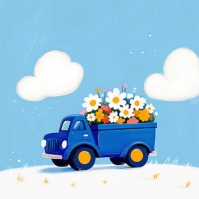 JPG 꽃 하늘색 일러스트 하늘 풍경 잔디 사람없음 봄 트럭 배송 흰구름 산뜻 국내일러스트 AI일러스트 AI콘텐츠 식물 계절 컨셉 자동차 파란색 파일형식 구름_자연