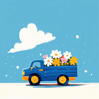 JPG 꽃 하늘색 일러스트 하늘 풍경 사람없음 봄 트럭 배송 흰구름 산뜻 국내일러스트 AI일러스트 AI콘텐츠 식물 계절 컨셉 자동차 파란색 파일형식 구름_자연
