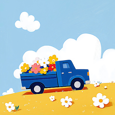JPG 꽃 하늘색 일러스트 하늘 풍경 잔디 사람없음 봄 트럭 배송 흰구름 산뜻 창의성 국내일러스트 AI일러스트 AI콘텐츠 식물 계절 컨셉 자동차 파란색 파일형식 구름_자연