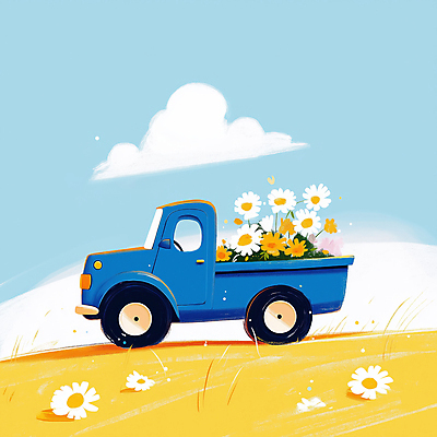 JPG 꽃 하늘색 일러스트 하늘 풍경 잔디 사람없음 야외 봄 트럭 배송 흰구름 산뜻 국내일러스트 AI일러스트 AI콘텐츠 식물 계절 컨셉 자동차 파란색 파일형식 구름_자연