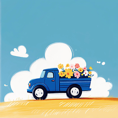 JPG 꽃 하늘색 일러스트 하늘 풍경 잔디 사람없음 봄 트럭 배송 흰구름 산뜻 국내일러스트 AI일러스트 AI콘텐츠 식물 계절 컨셉 자동차 파란색 파일형식 구름_자연