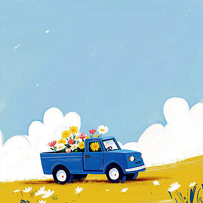 JPG 꽃 하늘색 일러스트 하늘 밝음 풍경 잔디 사람없음 봄 트럭 배송 흰구름 산뜻 국내일러스트 AI일러스트 AI콘텐츠 식물 계절 컨셉 자동차 파란색 파일형식 구름_자연