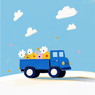 JPG 꽃 하늘색 일러스트 하늘 풍경 사람없음 봄 트럭 배송 흰구름 산뜻 국내일러스트 AI일러스트 AI콘텐츠 식물 계절 컨셉 자동차 파란색 파일형식 구름_자연