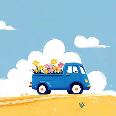 JPG 꽃 하늘색 일러스트 하늘 풍경 잔디 사람없음 봄 트럭 배송 흰구름 산뜻 국내일러스트 AI일러스트 AI콘텐츠 식물 계절 컨셉 자동차 파란색 파일형식 구름_자연