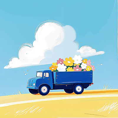 JPG 꽃 하늘색 일러스트 하늘 풍경 잔디 사람없음 봄 트럭 배송 흰구름 산뜻 국내일러스트 AI일러스트 AI콘텐츠 식물 계절 컨셉 자동차 파란색 파일형식 구름_자연