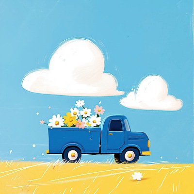 JPG 꽃 하늘색 일러스트 하늘 풍경 잔디 사람없음 봄 트럭 배송 흰구름 산뜻 국내일러스트 AI일러스트 AI콘텐츠 식물 계절 컨셉 자동차 파란색 파일형식 구름_자연