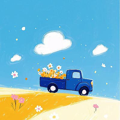 JPG 꽃 하늘색 일러스트 하늘 풍경 잔디 사람없음 야외 봄 트럭 배송 흰구름 산뜻 국내일러스트 AI일러스트 AI콘텐츠 식물 계절 컨셉 자동차 파란색 파일형식 구름_자연