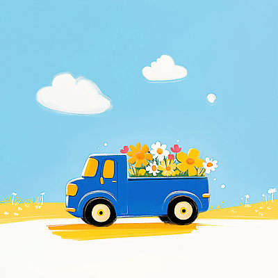 JPG 꽃 하늘색 일러스트 하늘 풍경 잔디 사람없음 봄 트럭 배송 흰구름 산뜻 국내일러스트 AI일러스트 AI콘텐츠 식물 계절 컨셉 자동차 파란색 파일형식 구름_자연