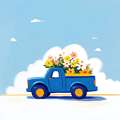 JPG 꽃 하늘색 일러스트 하늘 풍경 잔디 사람없음 봄 트럭 배송 흰구름 산뜻 국내일러스트 AI일러스트 AI콘텐츠 식물 계절 컨셉 자동차 파란색 파일형식 구름_자연