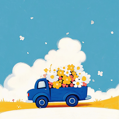 JPG 꽃 하늘색 일러스트 하늘 풍경 잔디 사람없음 봄 트럭 배송 흰구름 산뜻 국내일러스트 AI일러스트 AI콘텐츠 식물 계절 컨셉 자동차 파란색 파일형식 구름_자연
