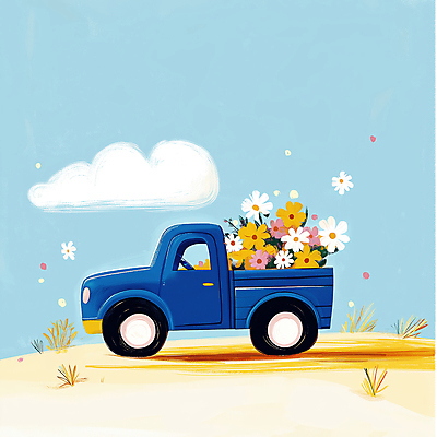 JPG 꽃 하늘색 일러스트 하늘 풍경 잔디 사람없음 봄 트럭 배송 흰구름 산뜻 국내일러스트 AI일러스트 AI콘텐츠 식물 계절 컨셉 자동차 파란색 파일형식 구름_자연