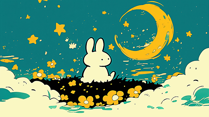 JPG 구름 한마리 별 꽃밭 일러스트 밤하늘 사람없음 평화 귀여움 토끼 포근함 청록색 감성 국내일러스트 AI일러스트 AI콘텐츠 자연요소 1 꽃 컬러 컨셉 포유류 하늘 반려동물 감각 야간 파일형식