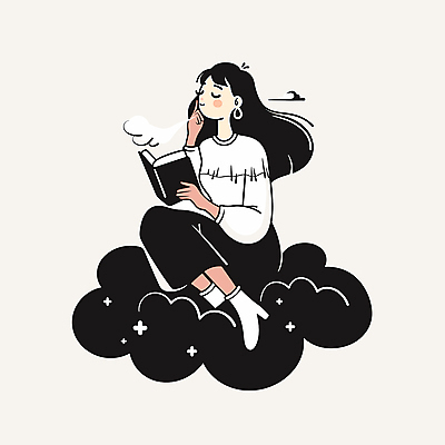 전신 구름 여자 여유 일러스트 휴식 한명 앉기 성인 책 독서 검은색 턱괴기 꿈 편안함 사색 웅크림 성인여자한명만 국내일러스트 AI파일 자연요소 1 감정 컬러 컨셉 생각 모션 사람 감각 여자한명만 성인여자만 파일형식 벡터