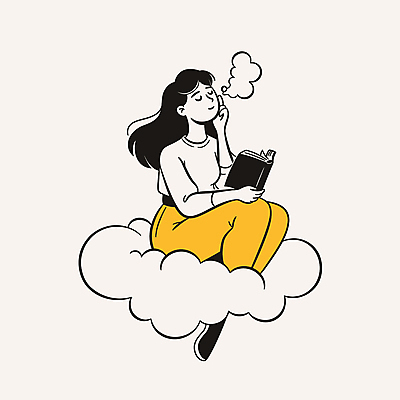 전신 구름 여자 여유 일러스트 휴식 한명 앉기 성인 책 독서 턱괴기 꿈 편안함 사색 웅크림 성인여자한명만 국내일러스트 AI파일 자연요소 1 감정 컨셉 생각 모션 사람 감각 여자한명만 성인여자만 파일형식 벡터