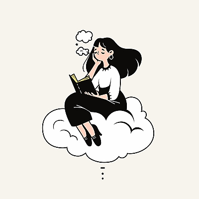 전신 구름 여자 여유 일러스트 휴식 한명 앉기 성인 책 독서 턱괴기 꿈 편안함 사색 웅크림 성인여자한명만 국내일러스트 AI파일 자연요소 1 감정 컨셉 생각 모션 사람 감각 여자한명만 성인여자만 파일형식 벡터