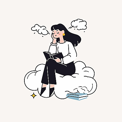 전신 구름 여자 여유 일러스트 휴식 한명 앉기 성인 책 독서 턱괴기 꿈 편안함 사색 웅크림 성인여자한명만 국내일러스트 AI파일 자연요소 1 감정 컨셉 생각 모션 사람 감각 여자한명만 성인여자만 파일형식 벡터