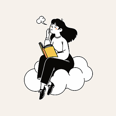 전신 구름 여자 여유 일러스트 휴식 한명 앉기 성인 책 독서 턱괴기 꿈 편안함 사색 웅크림 성인여자한명만 국내일러스트 AI파일 자연요소 1 감정 컨셉 생각 모션 사람 감각 여자한명만 성인여자만 파일형식 벡터