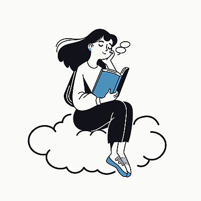 전신 구름 여자 여유 일러스트 휴식 한명 앉기 성인 책 독서 턱괴기 꿈 편안함 사색 웅크림 성인여자한명만 국내일러스트 AI파일 자연요소 1 감정 컨셉 생각 모션 사람 감각 여자한명만 성인여자만 파일형식 벡터