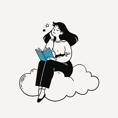 전신 구름 여자 여유 일러스트 휴식 한명 앉기 성인 책 독서 턱괴기 꿈 편안함 사색 웅크림 성인여자한명만 국내일러스트 AI파일 자연요소 1 감정 컨셉 생각 모션 사람 감각 여자한명만 성인여자만 파일형식 벡터