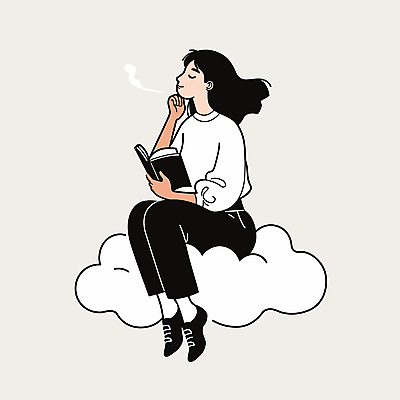 전신 구름 여자 여유 일러스트 휴식 한명 앉기 성인 책 독서 턱괴기 꿈 편안함 사색 웅크림 성인여자한명만 국내일러스트 AI파일 자연요소 1 감정 컨셉 생각 모션 사람 감각 여자한명만 성인여자만 파일형식 벡터
