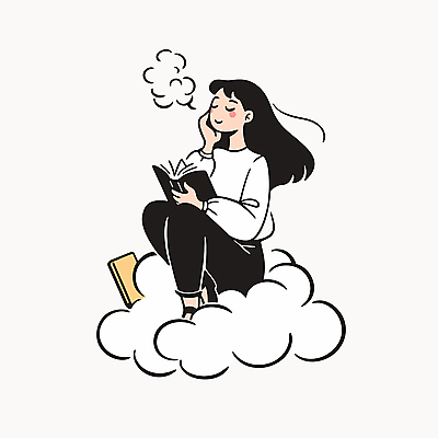 전신 구름 여자 여유 일러스트 휴식 한명 앉기 성인 책 독서 턱괴기 꿈 편안함 사색 웅크림 성인여자한명만 국내일러스트 AI파일 자연요소 1 감정 컨셉 생각 모션 사람 감각 여자한명만 성인여자만 파일형식 벡터