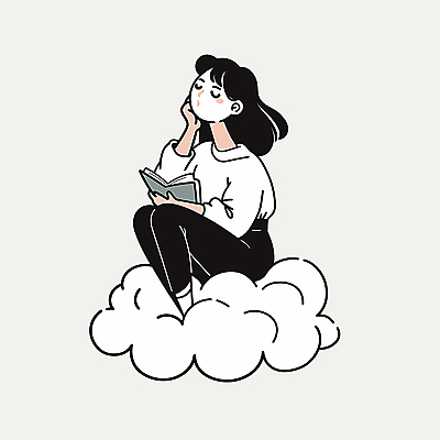 전신 구름 여자 여유 일러스트 휴식 한명 앉기 성인 책 독서 턱괴기 꿈 편안함 사색 웅크림 성인여자한명만 국내일러스트 AI파일 자연요소 1 감정 컨셉 생각 모션 사람 감각 여자한명만 성인여자만 파일형식 벡터