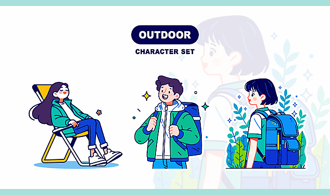 식물 여자 남자 가방 일러스트 휴식 아웃도어 미소 앉기 성인 세명 세트 캠핑 잡기 청록색 성인만 일러캐릭터 AI파일 캐릭터 잡화 컬러 컨셉 모션 레저 표정 사람 파일형식 벡터