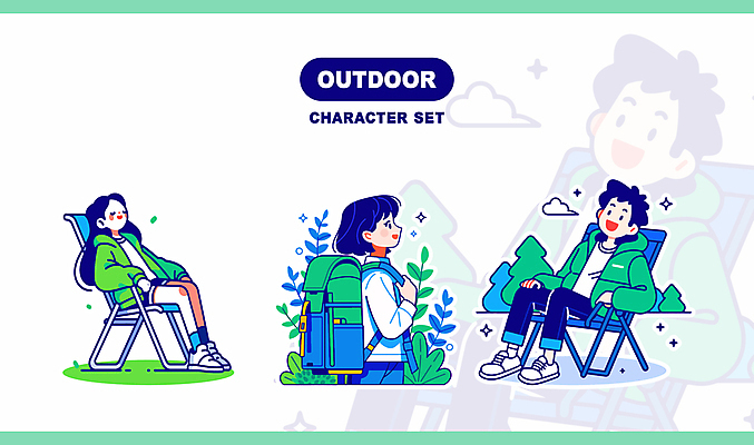 나무 식물 여자 남자 가방 일러스트 휴식 아웃도어 대화 미소 앉기 성인 세명 세트 잡기 청록색 성인만 캠핑족 일러캐릭터 AI파일 캐릭터 잡화 컬러 컨셉 모션 표정 말하기 사람 캠핑 신조어 파일형식 벡터