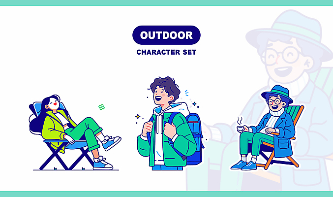 모자 여자 남자 가방 일러스트 휴식 잔 아웃도어 미소 들기 앉기 성인 세명 세트 캠핑 잡기 수증기 청록색 성인만 일러캐릭터 AI파일 캐릭터 식기 잡화 컬러 컨셉 모션 레저 표정 사람 파일형식 벡터
