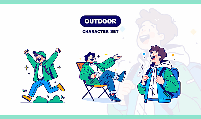 식물 여자 남자 가방 일러스트 휴식 아웃도어 미소 앉기 성인 야외 세명 세트 손들기 걷기 만세 캠핑 하이킹 머그컵 잡기 청록색 성인만 일러캐릭터 AI파일 캐릭터 잡화 컬러 컨셉 모션 레저 표정 사람 컵 파일형식 벡터