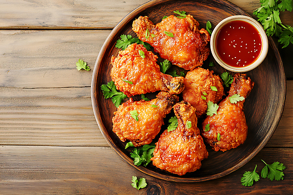 JPG 편집이미지 접시 잎 사람없음 양념치킨 튀김 소스 매움 닭다리 바삭바삭 편집실사 AI포토 AI콘텐츠 식물 식기 음식 컨셉 치킨 양념 맛 CG 파일형식