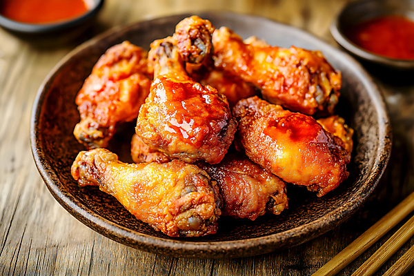 JPG 편집이미지 접시 사람없음 양념치킨 튀김 소스 매움 야식 닭다리 바삭바삭 편집실사 AI포토 AI콘텐츠 식기 음식 컨셉 치킨 양념 맛 CG 파일형식