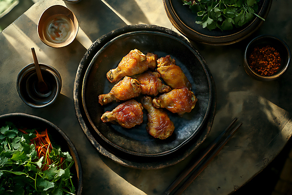 JPG 편집이미지 접시 채소 사람없음 양념치킨 소스 야식 닭다리 오븐구이 바삭바삭 편집실사 AI포토 AI콘텐츠 식기 컨셉 치킨 양념 구이 CG 파일형식