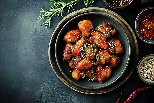 JPG 편집이미지 접시 고추 사람없음 양념치킨 소스 구이 깨 닭다리 파 로즈메리 바삭바삭 편집실사 AI포토 AI콘텐츠 식기 음식 컨셉 채소 식재료 치킨 양념 조미료 허브 CG 파일형식