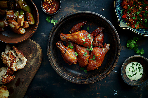 JPG 편집이미지 접시 잎 도마 요리 사람없음 양념치킨 소스 구이 매움 야식 닭날개 편집실사 AI포토 AI콘텐츠 식물 식기 음식 주방용품 치킨 닭고기 양념 맛 CG 파일형식