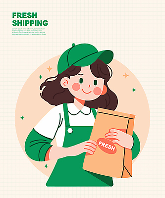 여자 일러스트 청소년 한명 웃음 들기 상반신 초록색 앞치마 신선 포장지 배송 서비스 친환경 캡모자 십대여자한명만 일러캐릭터 AI파일 캐릭터 모자_잡화 1 컬러 포장 모션 표정 사람 환경 여자한명만 십대여자만 파일형식 벡터
