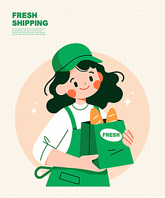 여자 일러스트 청소년 한명 웃음 들기 상반신 초록색 앞치마 신선 바게트 포장지 배송 서비스 친환경 캡모자 십대여자한명만 일러캐릭터 AI파일 캐릭터 모자_잡화 1 빵 컬러 포장 모션 표정 사람 환경 여자한명만 십대여자만 파일형식 벡터
