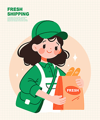 여자 일러스트 청소년 한명 웃음 들기 상반신 초록색 앞치마 신선 바게트 포장지 배송 서비스 친환경 크로스백 캡모자 십대여자한명만 일러캐릭터 AI파일 캐릭터 모자_잡화 1 빵 컬러 가방 포장 모션 표정 사람 환경 여자한명만 십대여자만 파일형식 벡터
