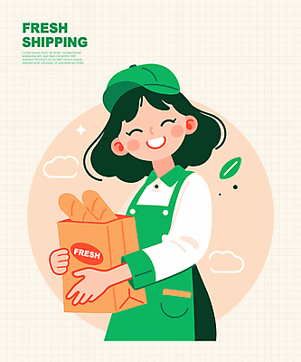 여자 일러스트 청소년 한명 웃음 들기 상반신 초록색 앞치마 신선 바게트 포장지 배송 서비스 친환경 구름모양 캡모자 십대여자한명만 일러캐릭터 AI파일 모양 캐릭터 모자_잡화 1 빵 컬러 포장 모션 표정 사람 환경 여자한명만 십대여자만 파일형식 벡터 구름_자연
