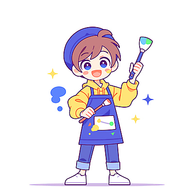 전신 캐릭터 모자 남자 어린이 일러스트 미술 한명 들기 소년 파란색 반짝임 앞치마 물감 붓 활기 묻은 소년한명만 일러캐릭터 AI파일 1 잡화 컬러 컨셉 모션 문화예술 사람 미술도구 남자한명만 소년만 파일형식 벡터