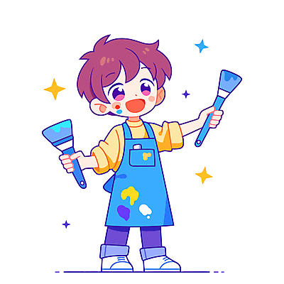 전신 캐릭터 남자 어린이 일러스트 미술 한명 들기 소년 파란색 반짝임 앞치마 물감 활기 묻은 소년한명만 일러캐릭터 AI파일 1 컬러 컨셉 모션 문화예술 사람 미술도구 남자한명만 소년만 파일형식 벡터